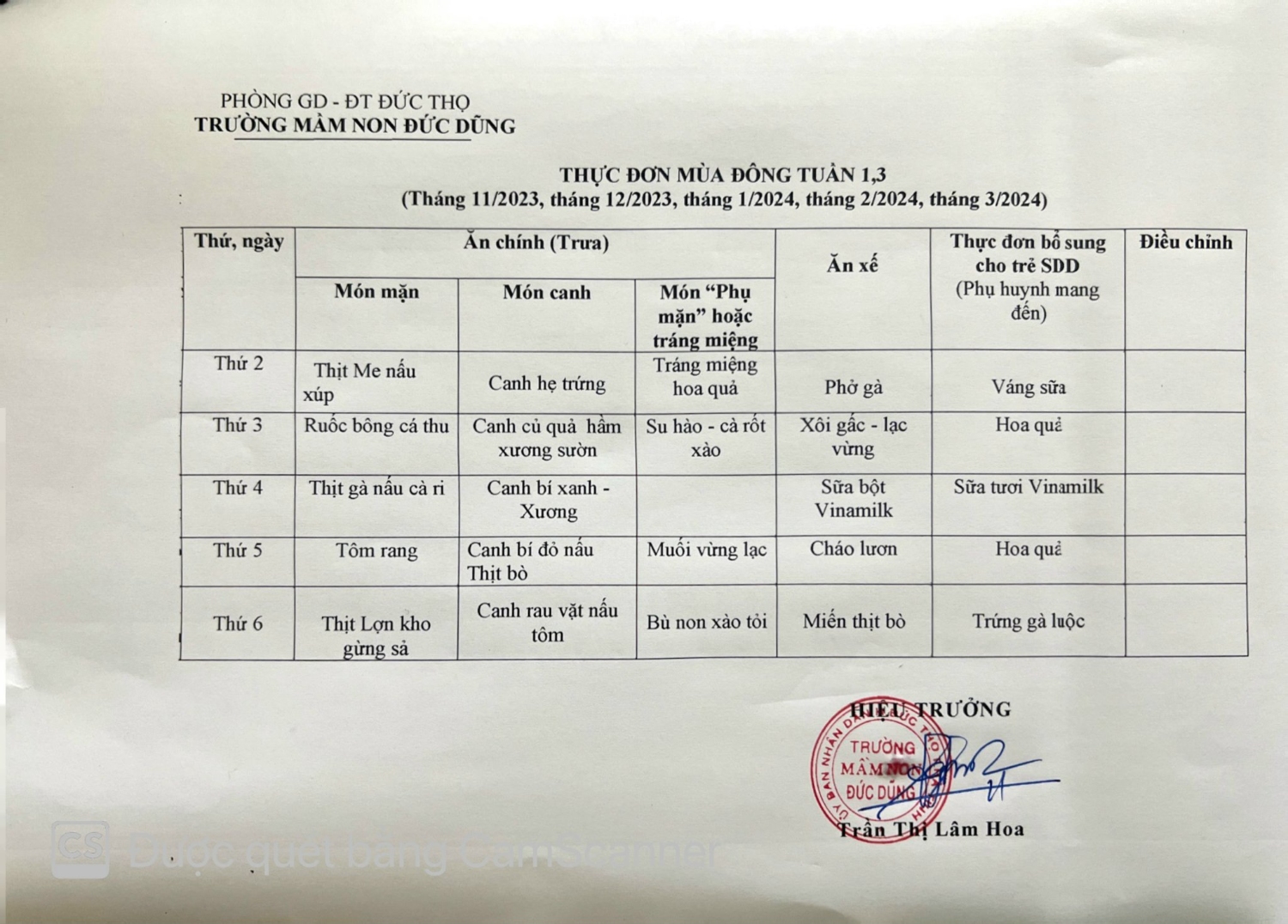 Thực đơn tuần 1 và tuần 3